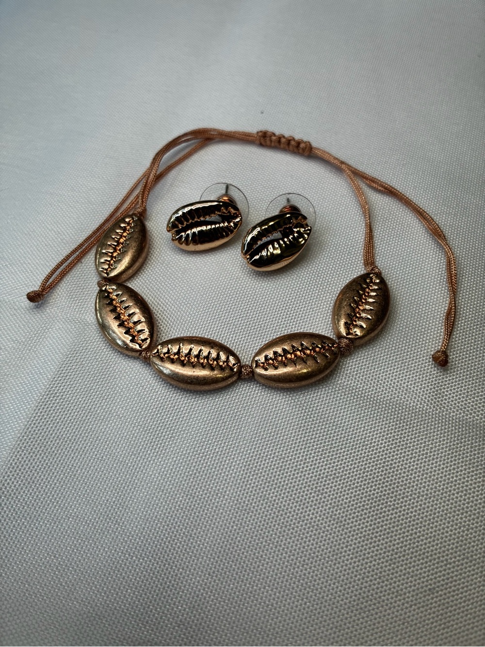 Gold Cowrie Shell Jewelry Set | Adjustable Cord Bracelet & Stud Earrings